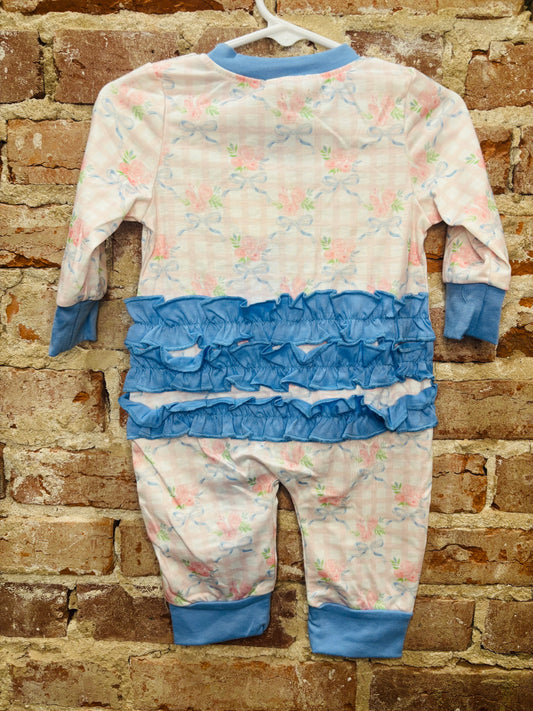 Bow Flower Blue Ruffle Zippy Romper