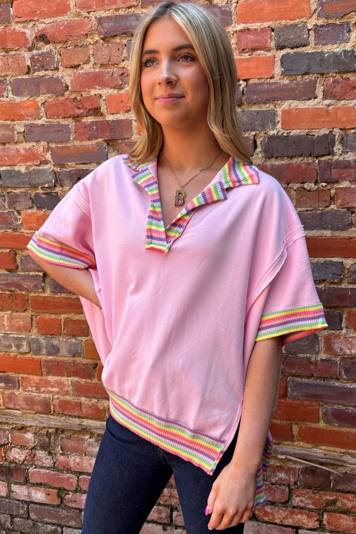 Pink Rainbow Stripe Ribbed Patchwork Raw Seam Oversize Polo Tee