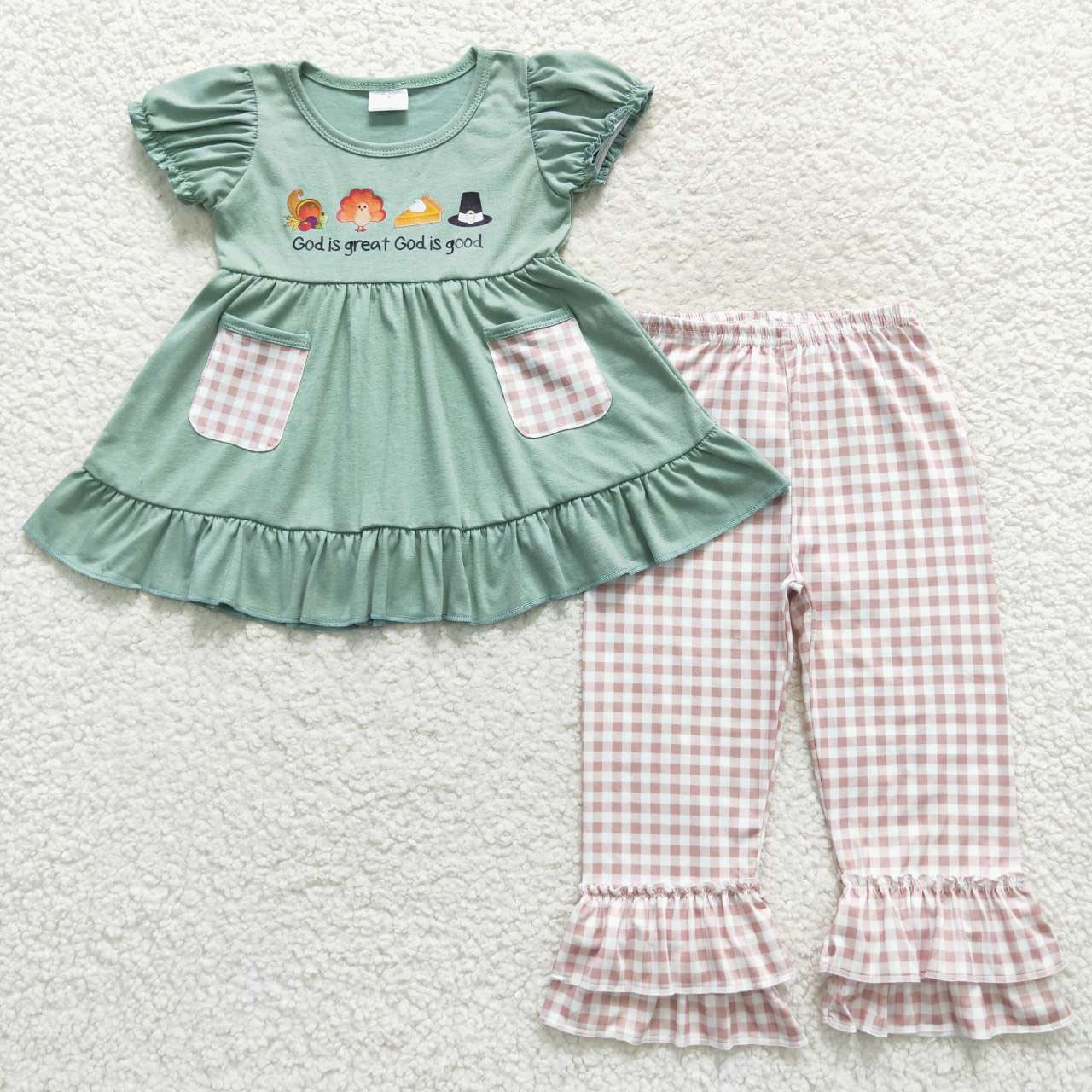 Girls God Is Great, God Is Good Ruffle Pants Set