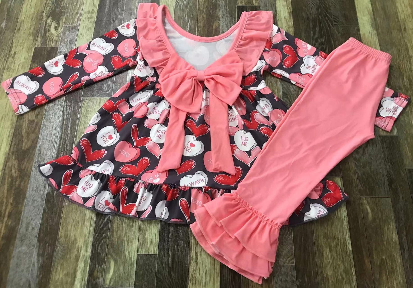 Candy Heart Bow Back Ruffle Pants Set