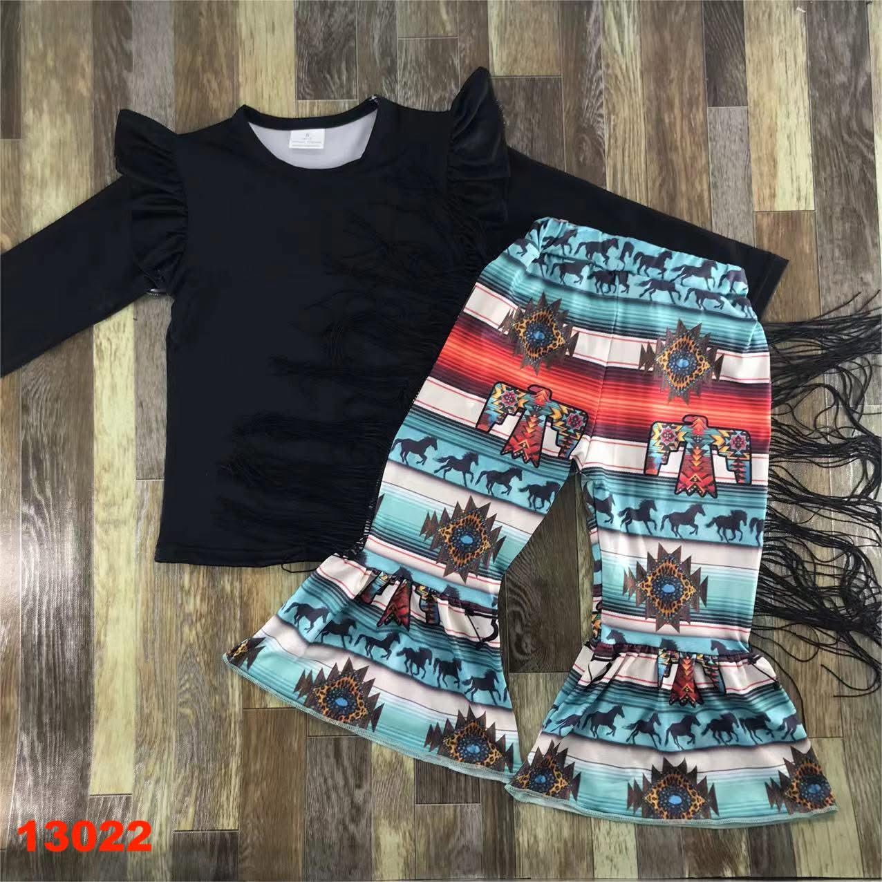 Western Print Fringe Bell Bottom Set