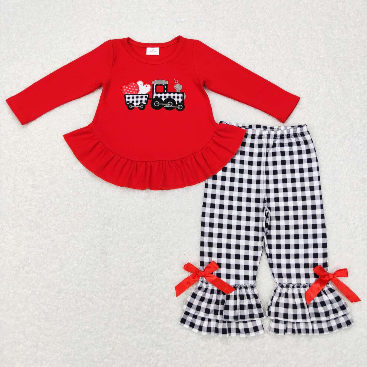 Valentine's Love Train Gingham Ruffle Bow Pants Set