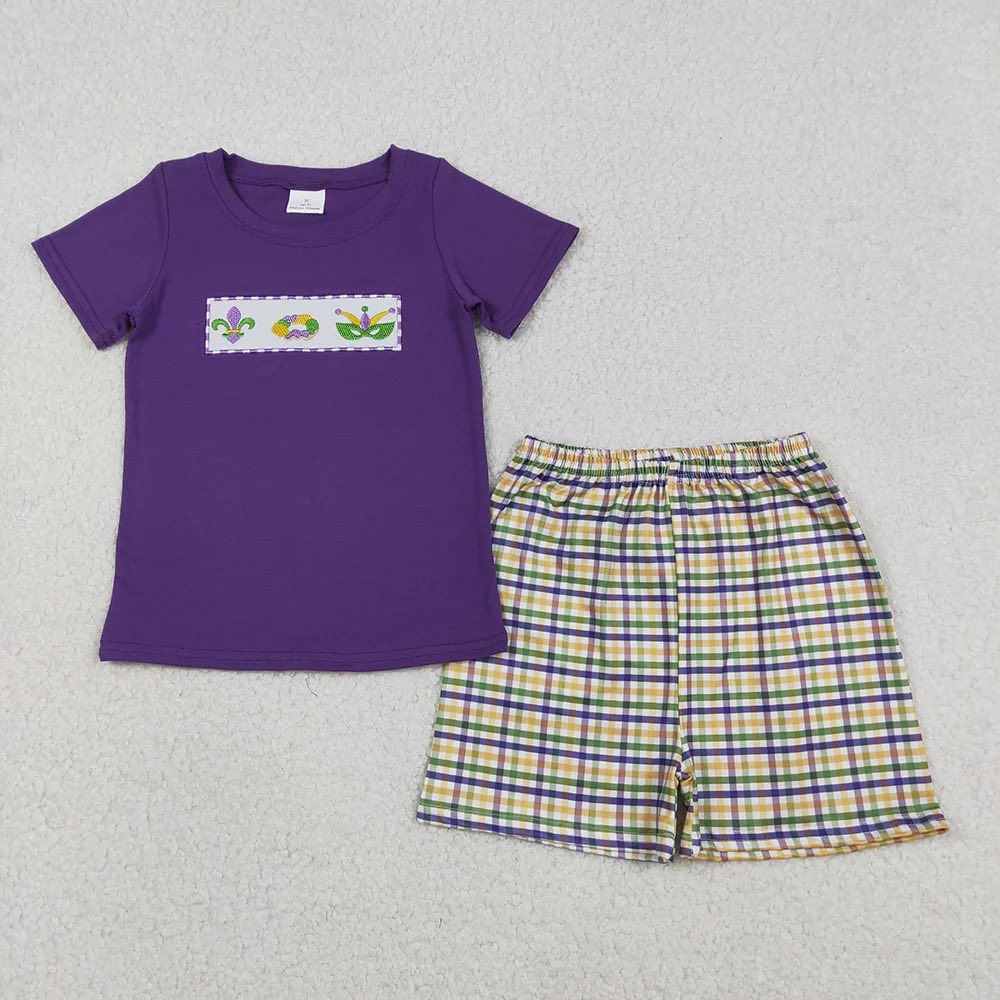 Mardi Gras Embroidered Plaid Shorts Set