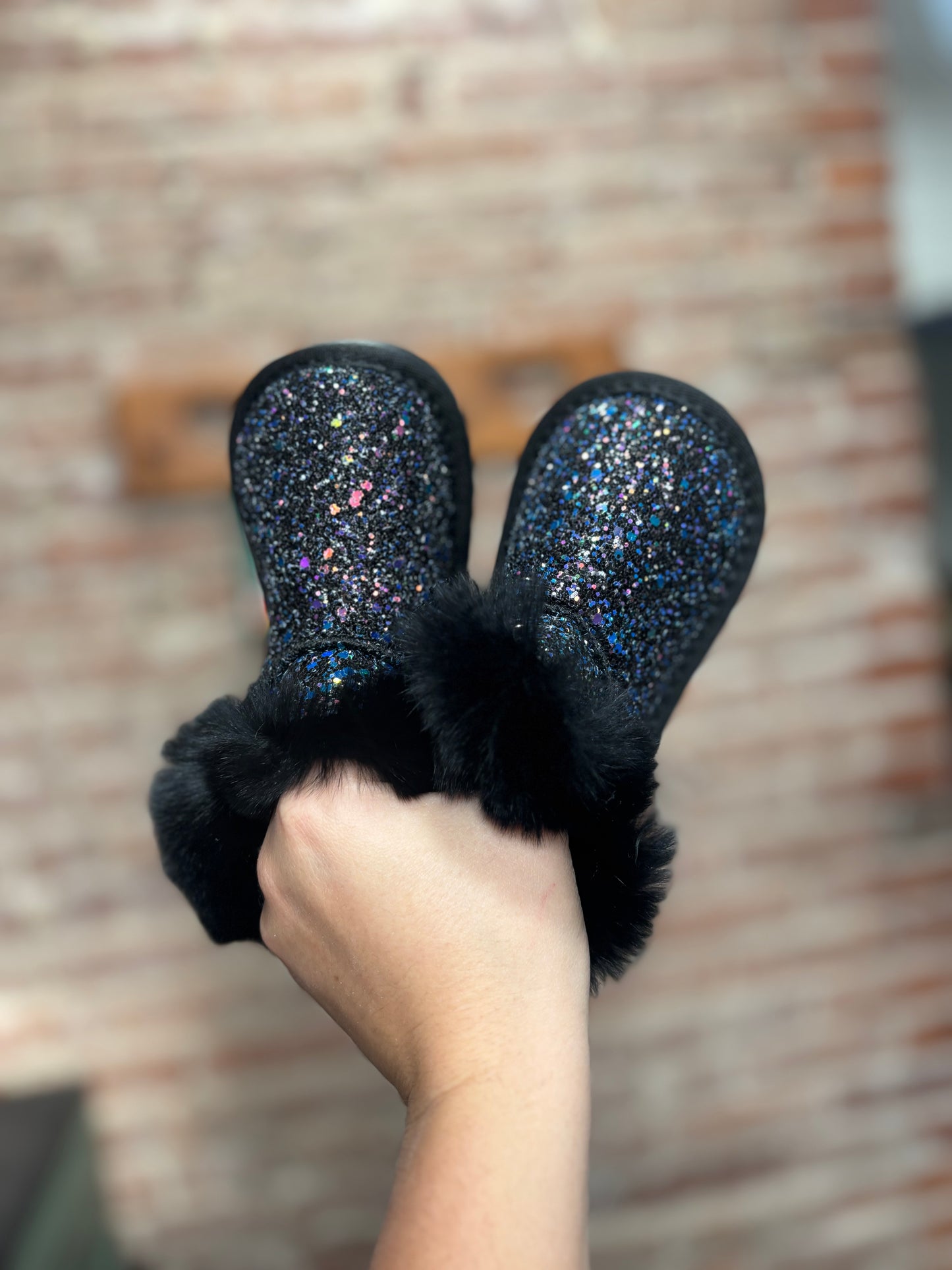 Black Sparkle Furry Boots