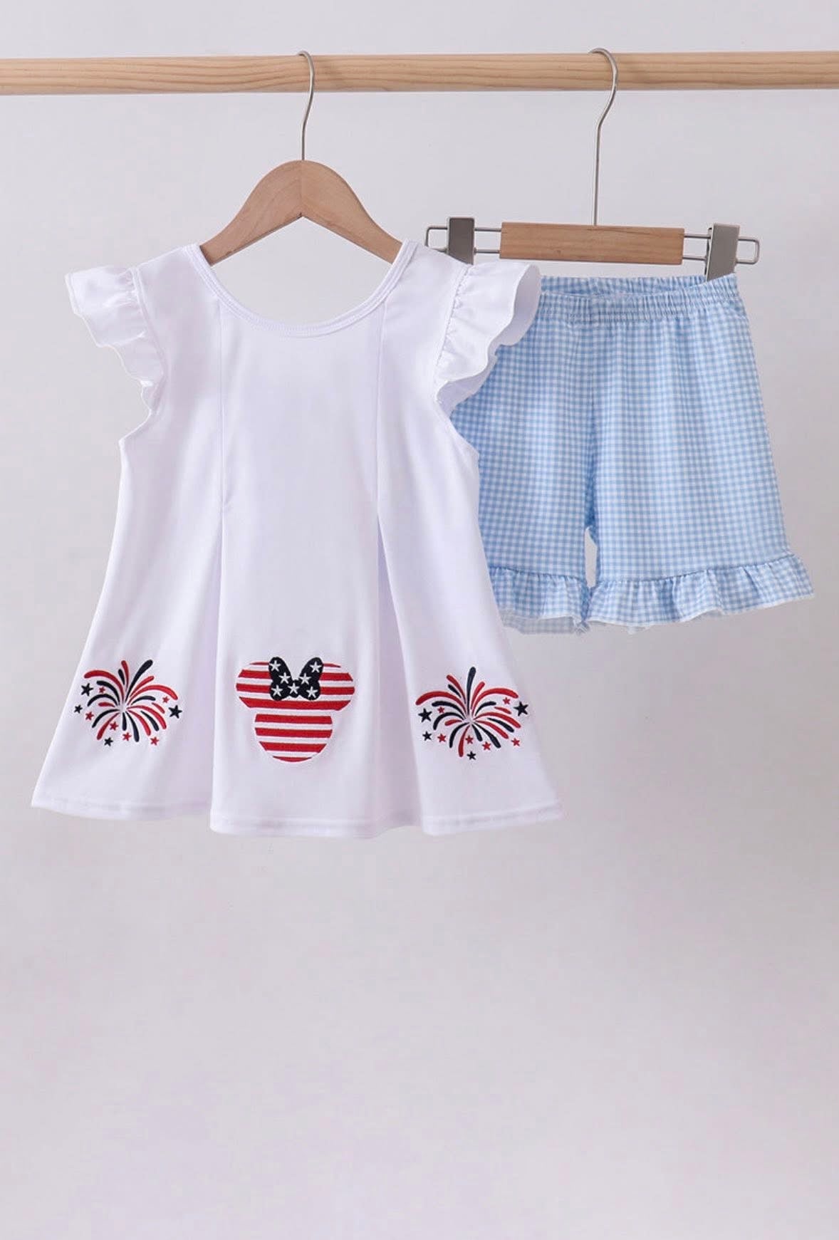 Blue Character Fireworks Embroidery Gingham Ruffle Short Set