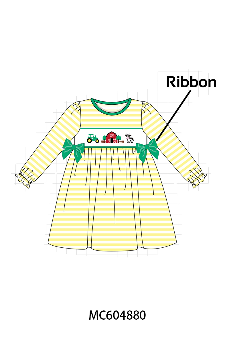 Green Farm Cow Embroidery Stripe Dress