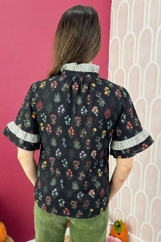 Black Contrast Frilled Trim Short Sleeve Floral Shirt