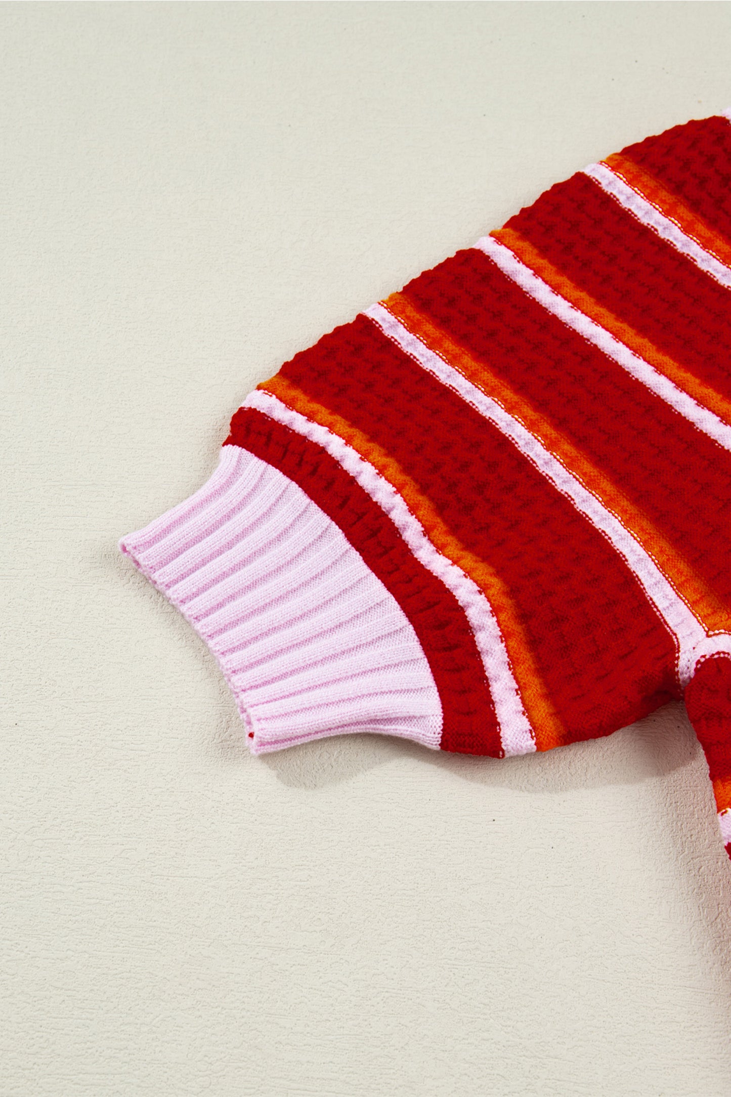 Red Stripe Colorblock Trim Half Sleeve Sweater Top