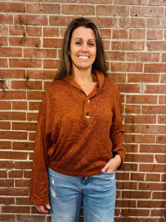 Brown Button Hoodie Pullover