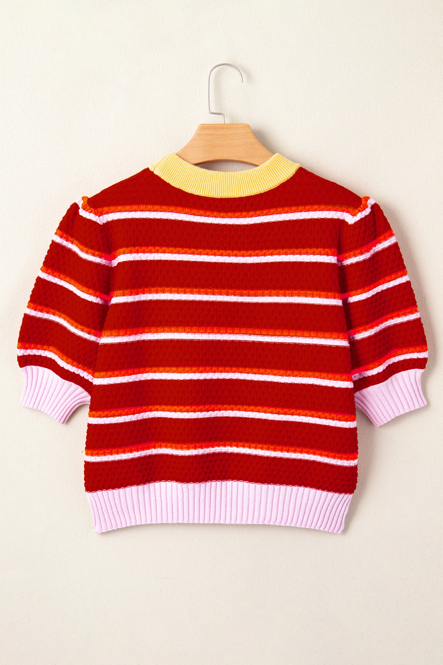 Red Stripe Colorblock Trim Half Sleeve Sweater Top