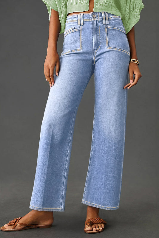 Beau Blue Loose Straight Leg Cropped High Waist Jeans