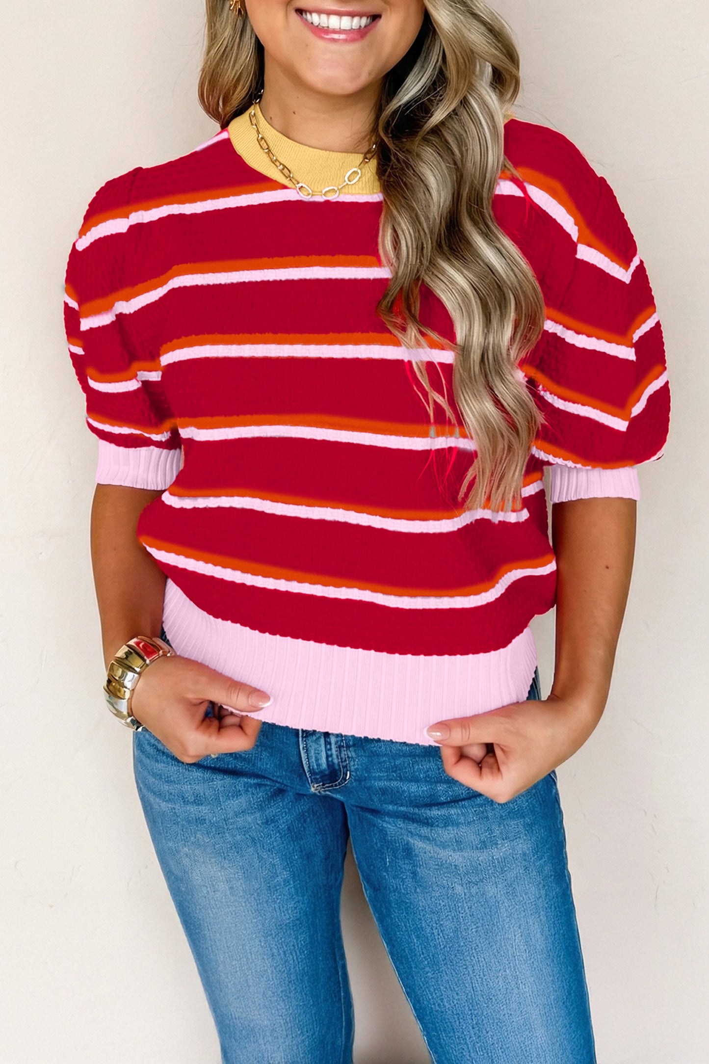 Red Stripe Colorblock Trim Half Sleeve Sweater Top