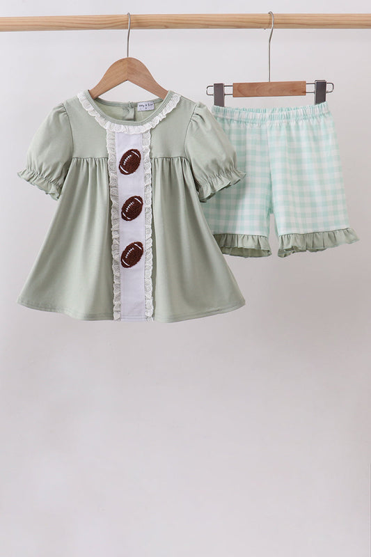 Green football french knot gingham ruffle shorts set