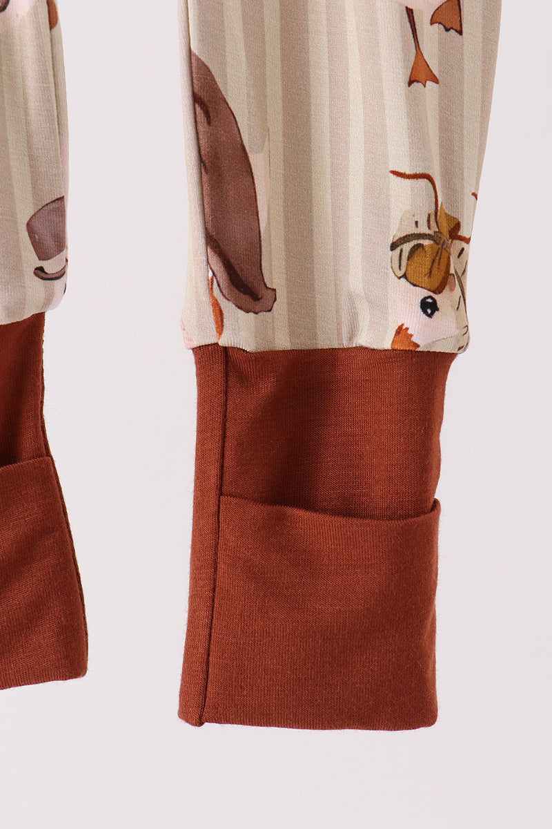 Brown goose print bamboo zipper romper