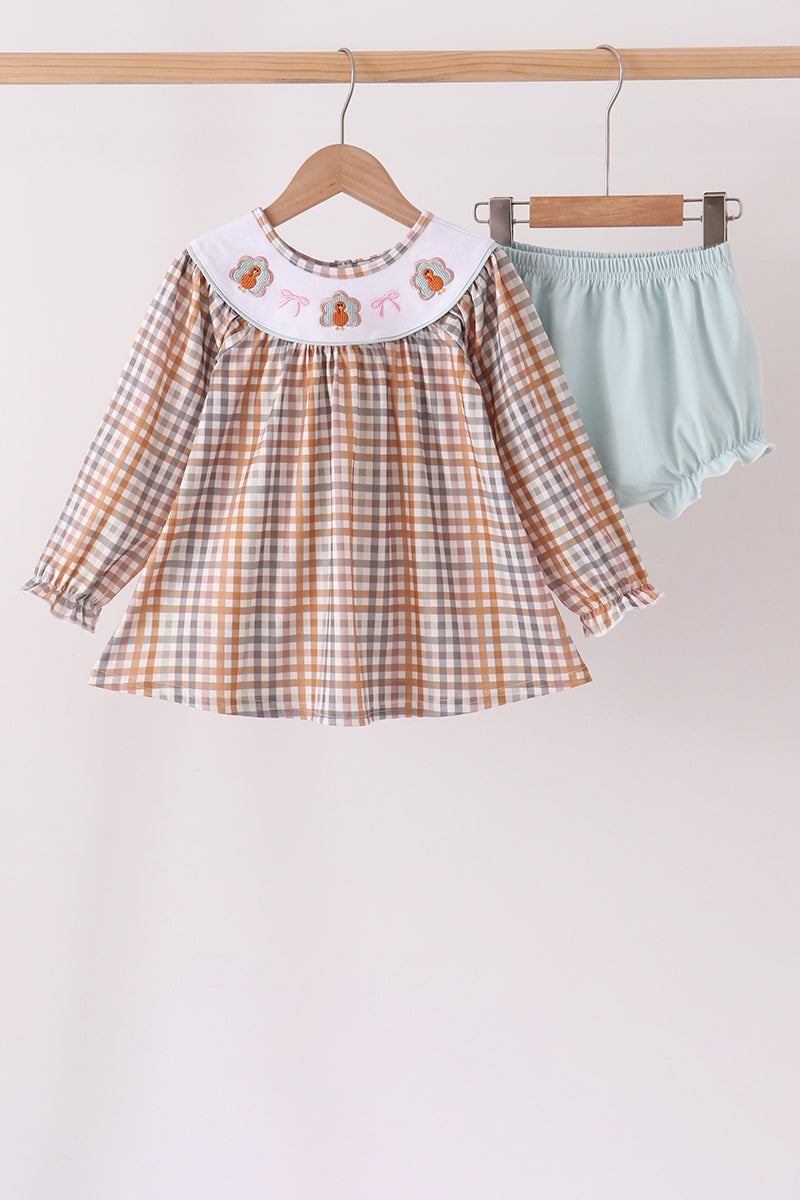 Khaki Turkey Bow Embroidery Bloomer Set