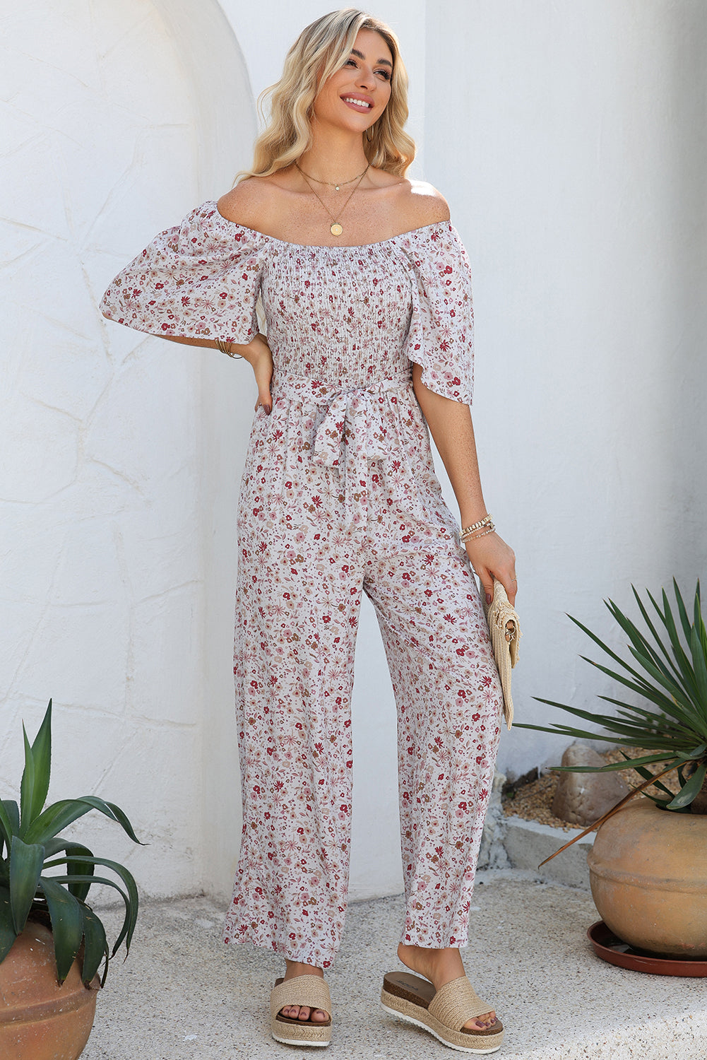 White Smocked Short Sleeve Wide Leg Floral Print Jumpsuit