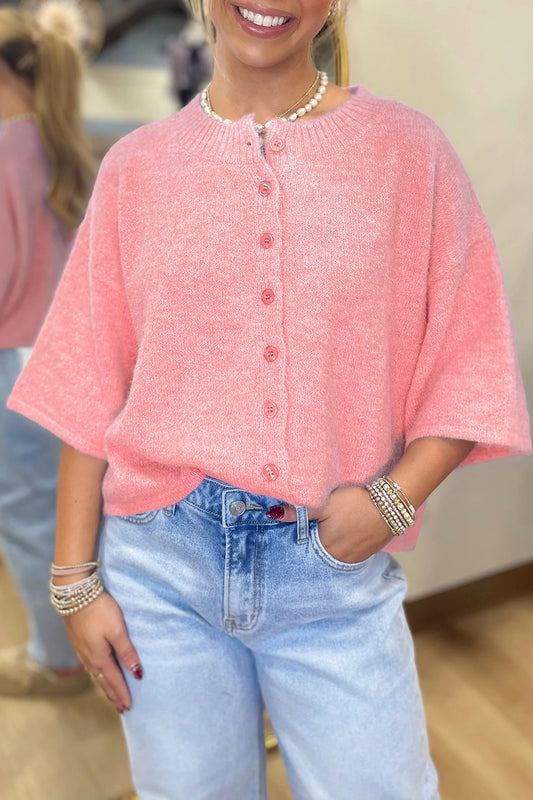Peach Blossom 3/4 Sleeve Boxy Knit Button Down Sweater Cardigan