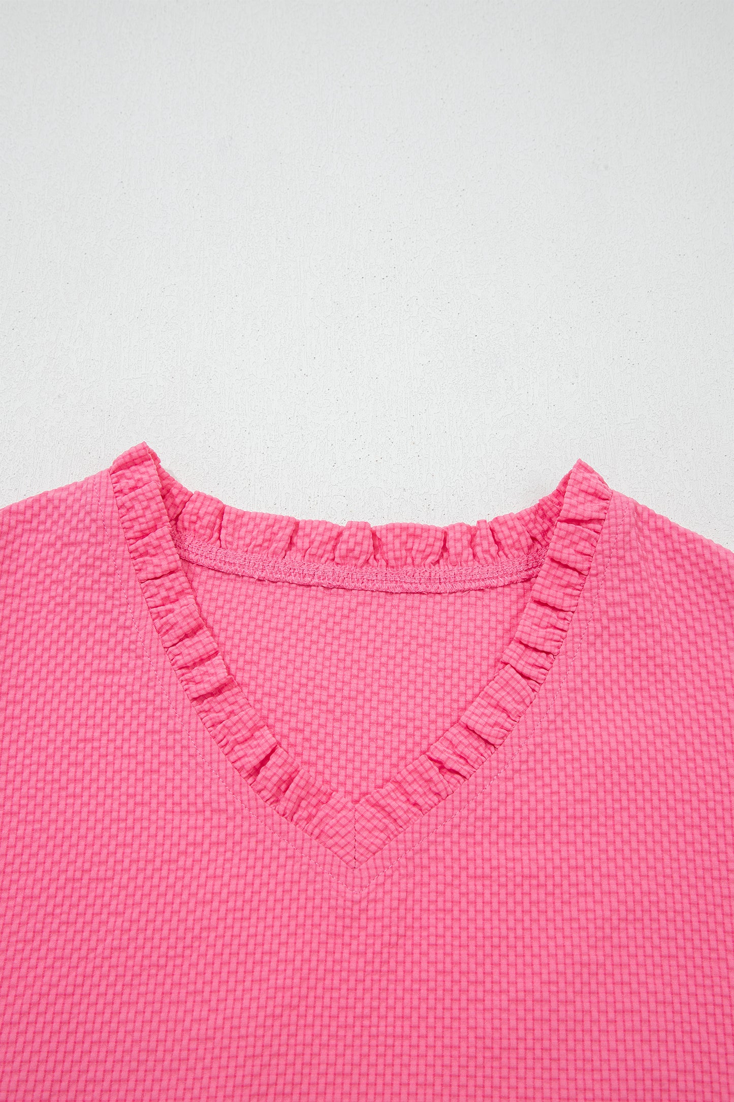 Sachet Pink Frilled V Neck Flower Embroidered Puff Sleeve Textured Blouse
