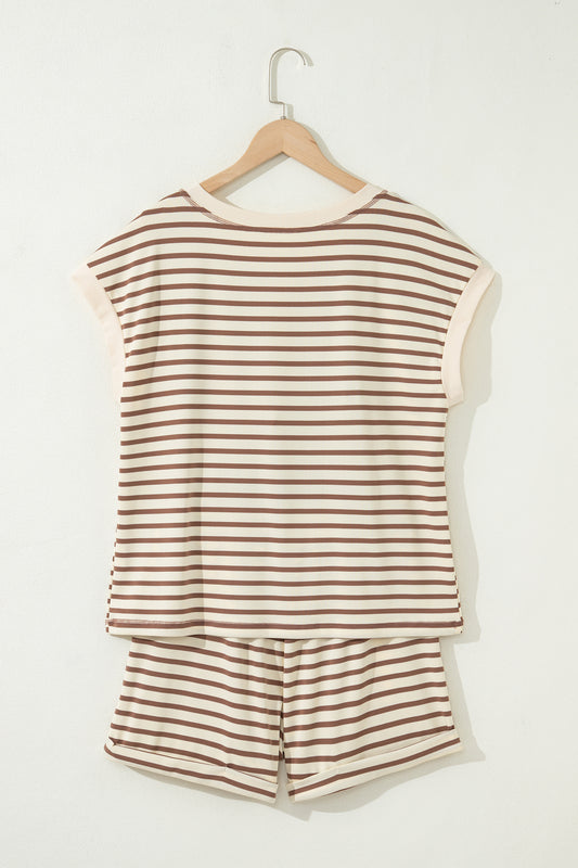 Black Stripe Half Buttons Top and Shorts Set