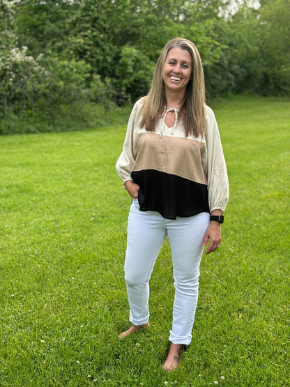 Black & Tan Block Tie Top