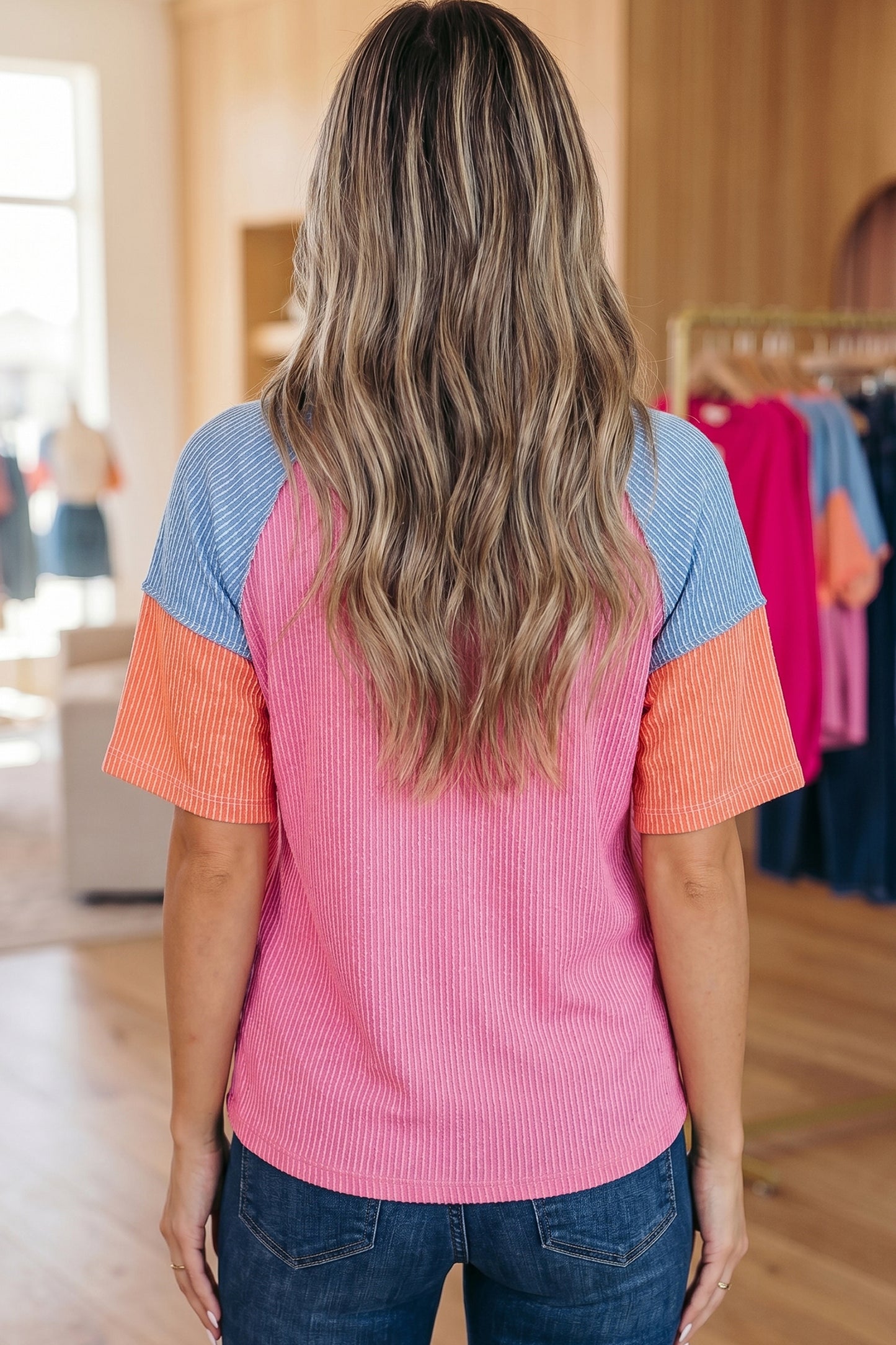 Rose Red Color Block Twisted Ribbed Tee