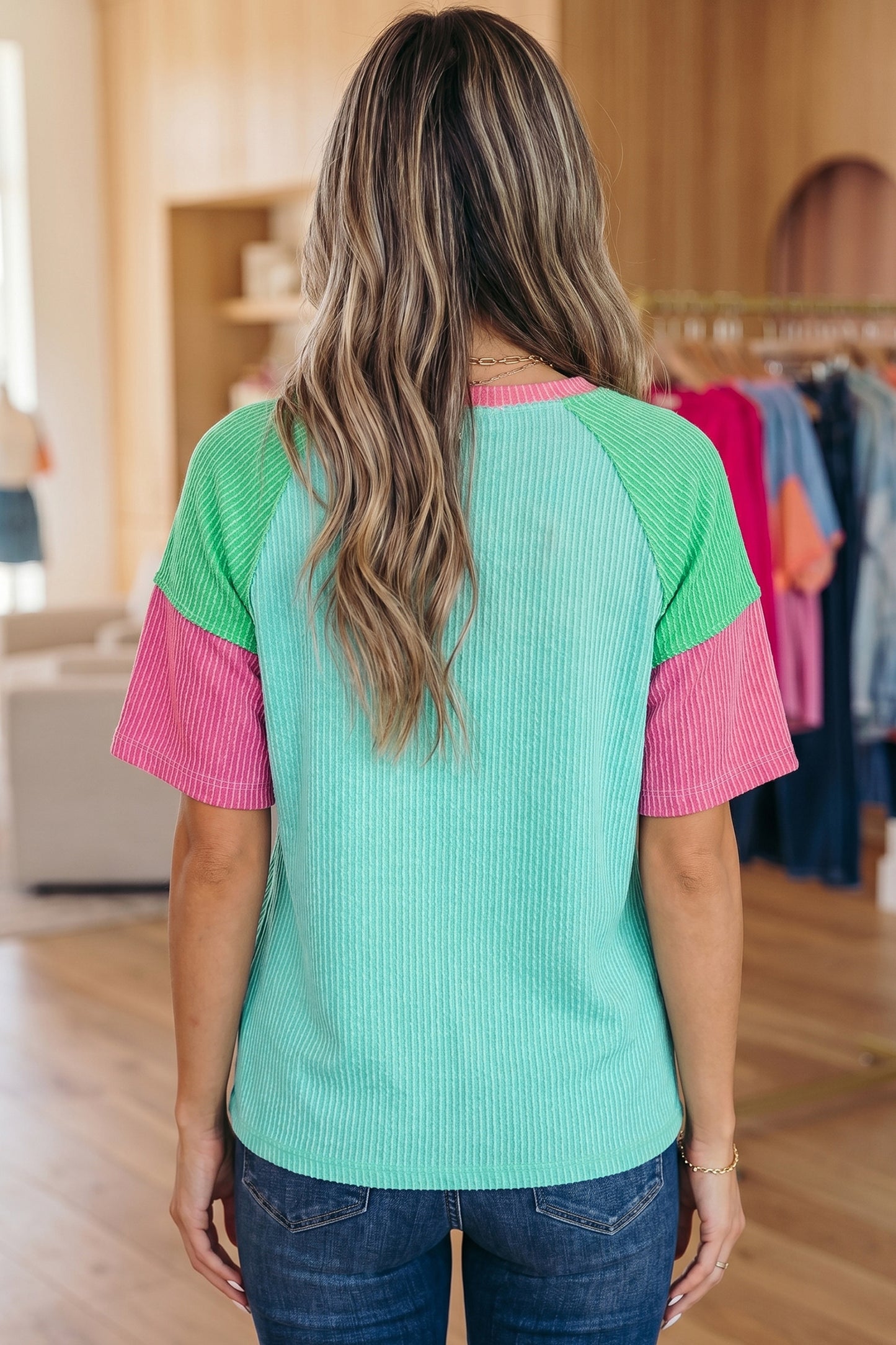 Rose Red Color Block Twisted Ribbed Tee