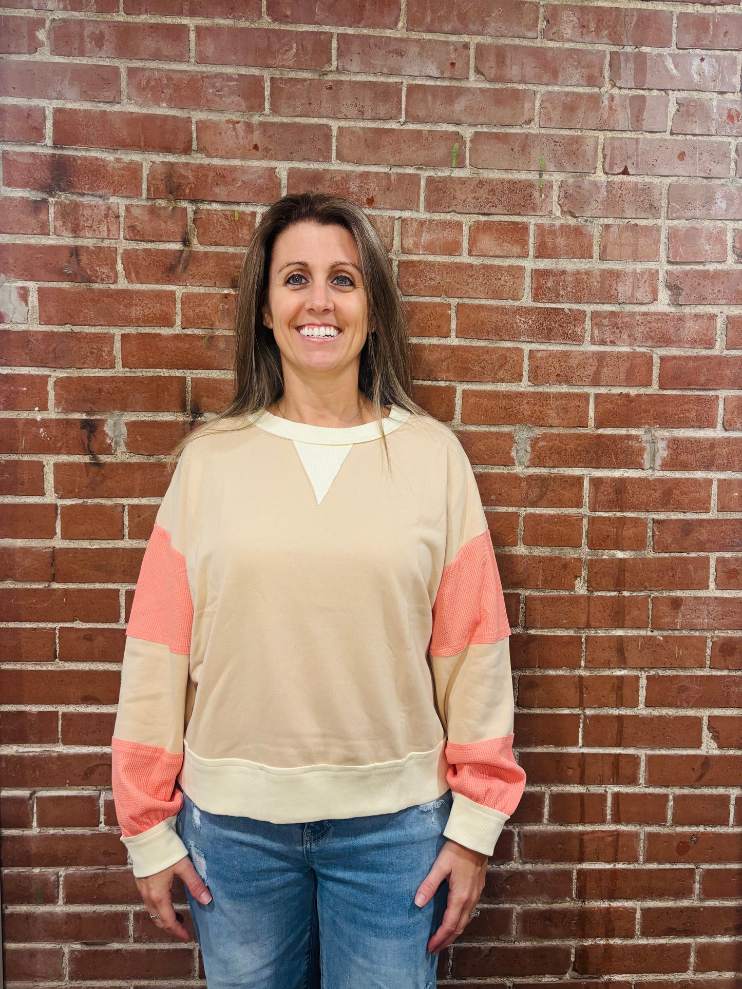 Beige and Peach Colorblock Pullover