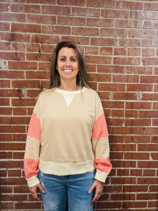 Beige and Peach Colorblock Pullover