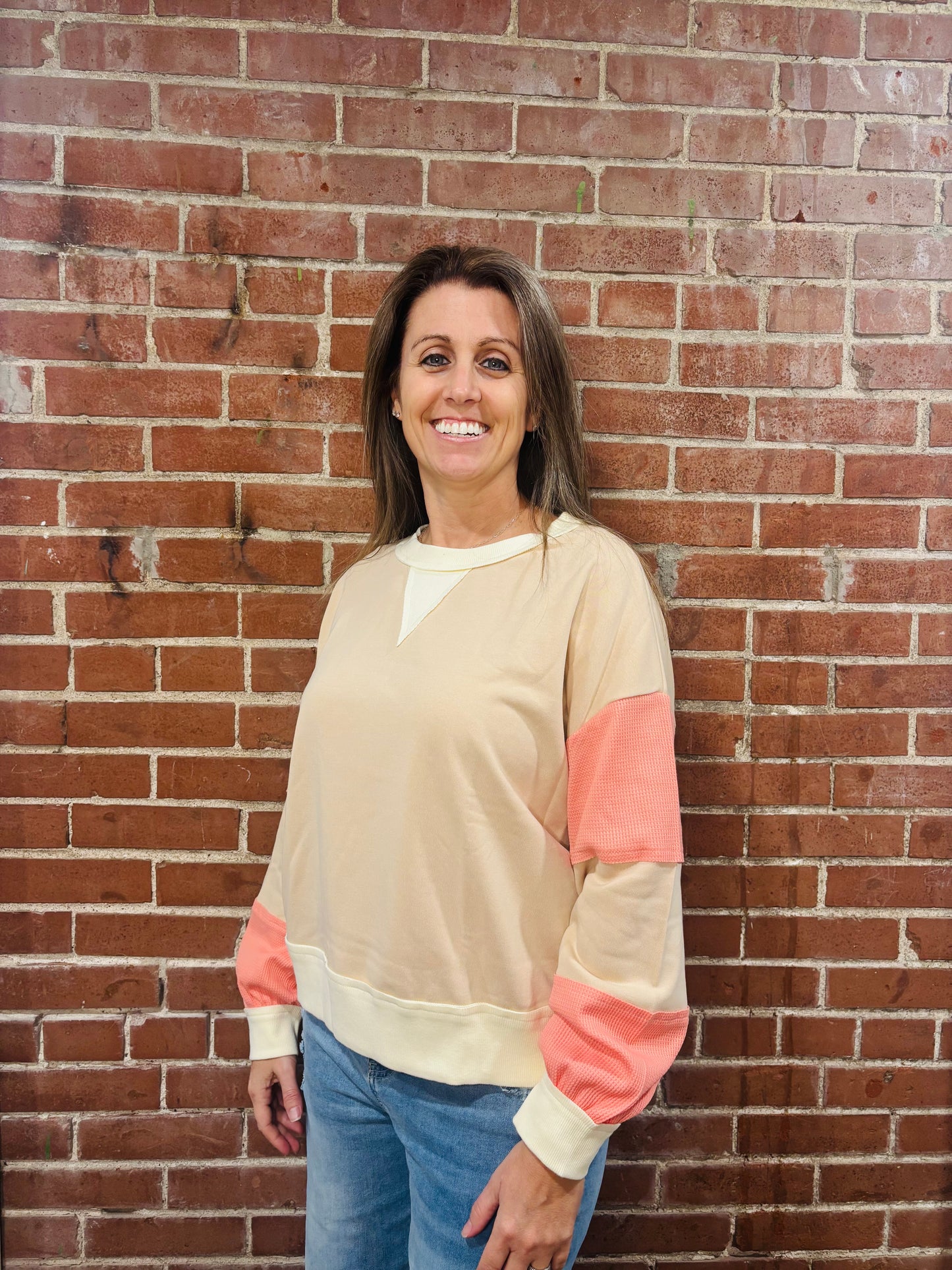 Beige and Peach Colorblock Pullover