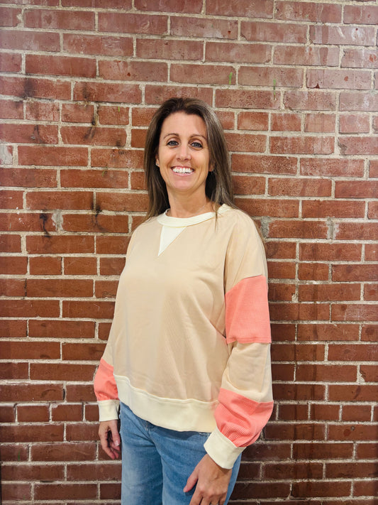 Beige and Peach Colorblock Pullover