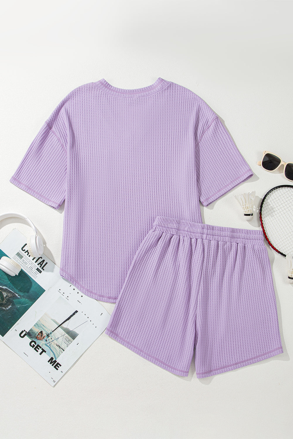 Orchid Petal Solid Color Waffled V Neck Loose Tee Drawstring Shorts Set