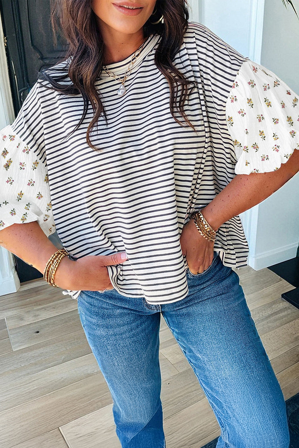Green Stripe Floral Puff Sleeve Patchwork Round Neck Loose Top