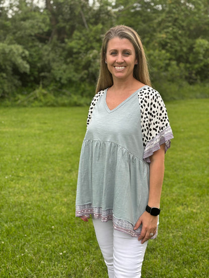 Blue Top with Leopard & Floral Sleeves