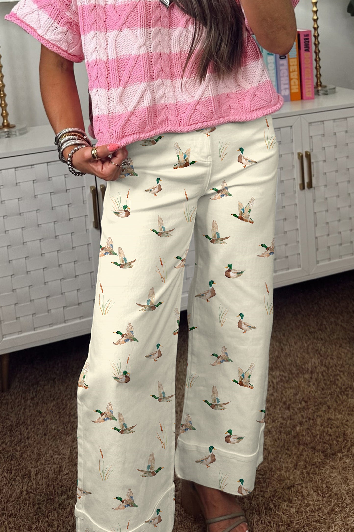 Beige Stylish Mallard Printed Cuffed Hem Shift Jeans