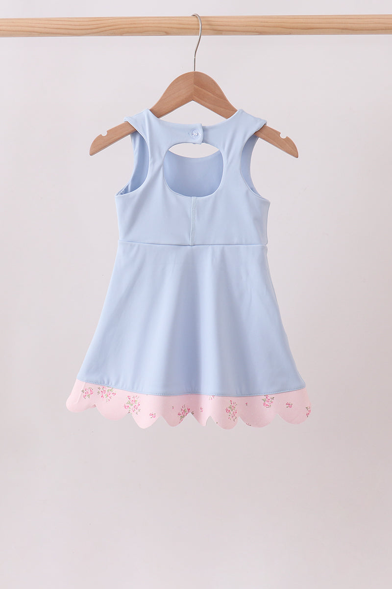 Blue Performance Bow Sash Scalloped Dress