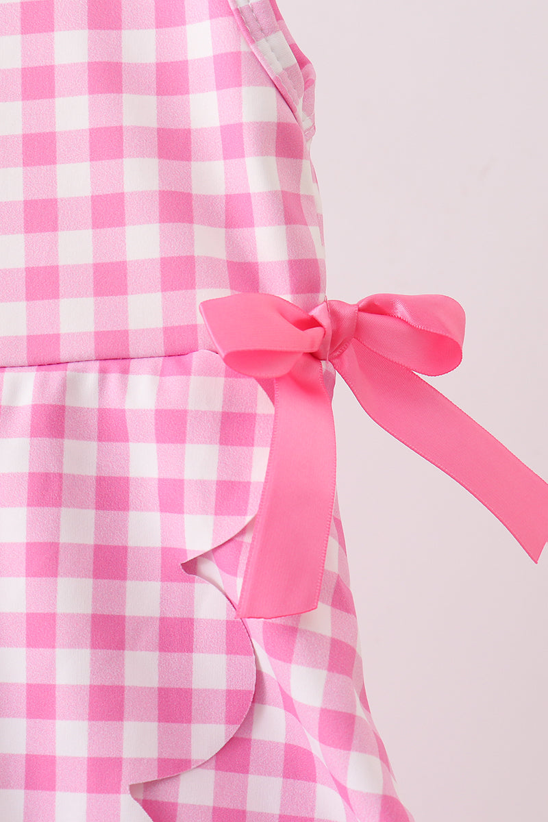 Pink Performance Gingham Bow Scalloped Dress