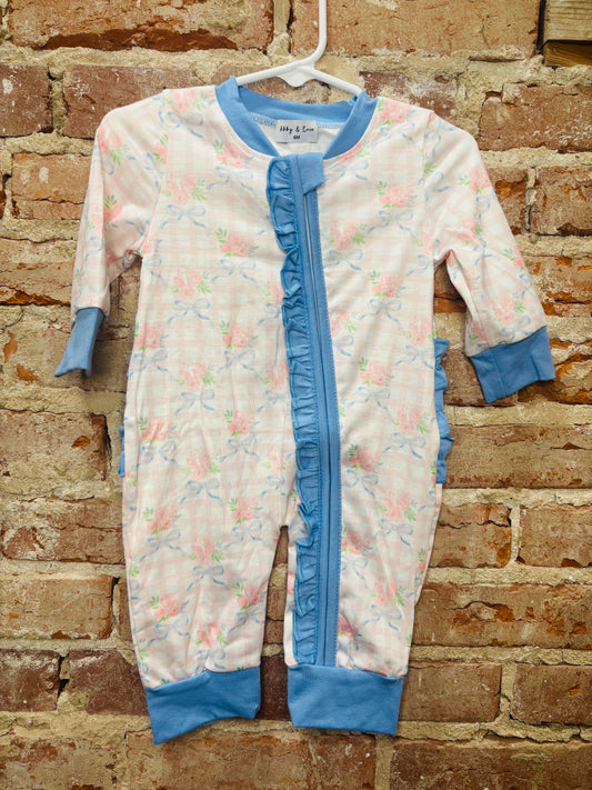 Bow Flower Blue Ruffle Zippy Romper