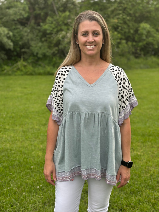 Blue Top with Leopard & Floral Sleeves