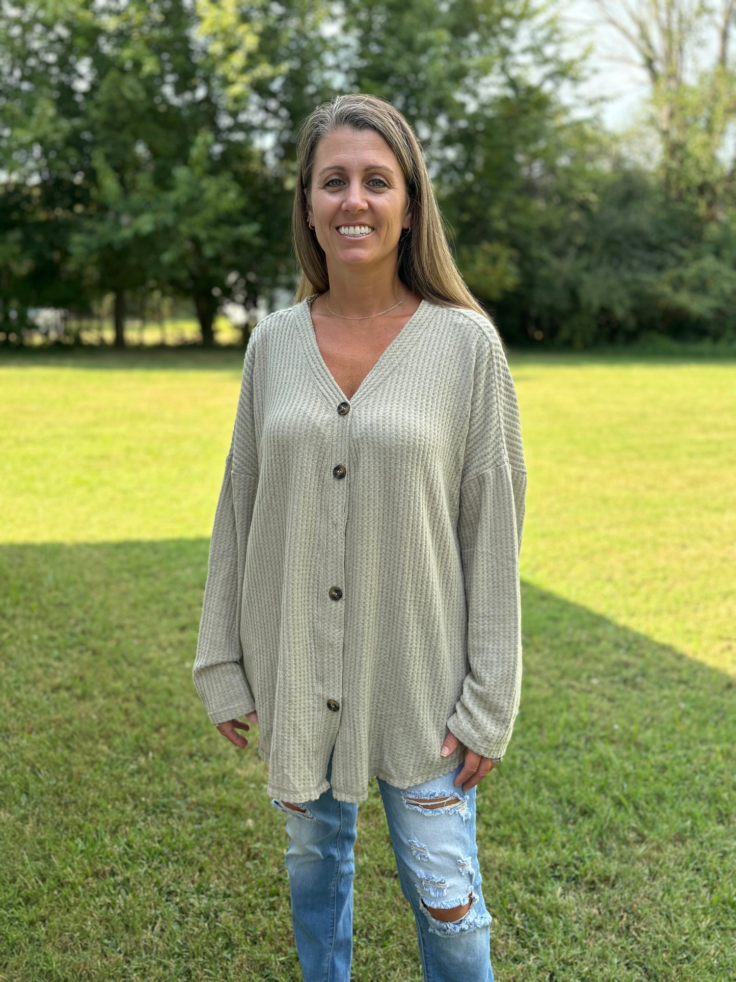 Taupe Waffle Button Up Plus Top