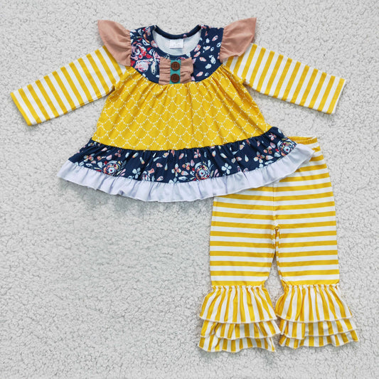 Yellow Striped Floral Ruffle Pants Set