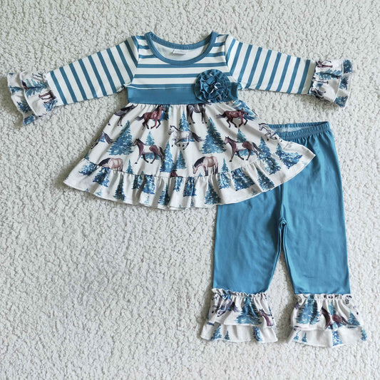 Blue Christmas Horse Ruffle Pants Set