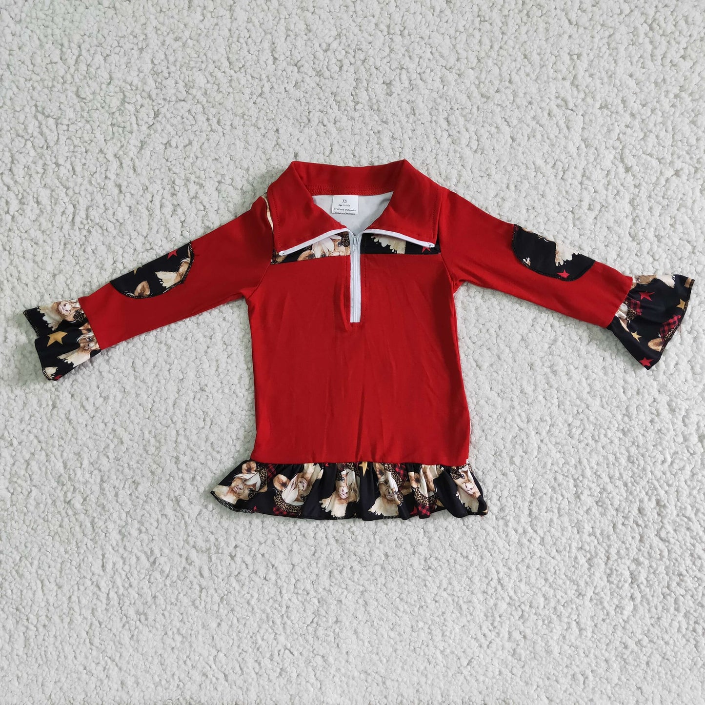 Red Ruffle Highland Cow Pullover