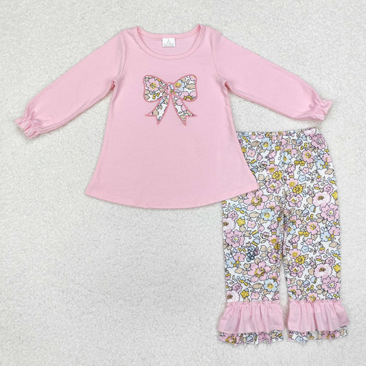 Pink Floral Bow Ruffle Pants Set