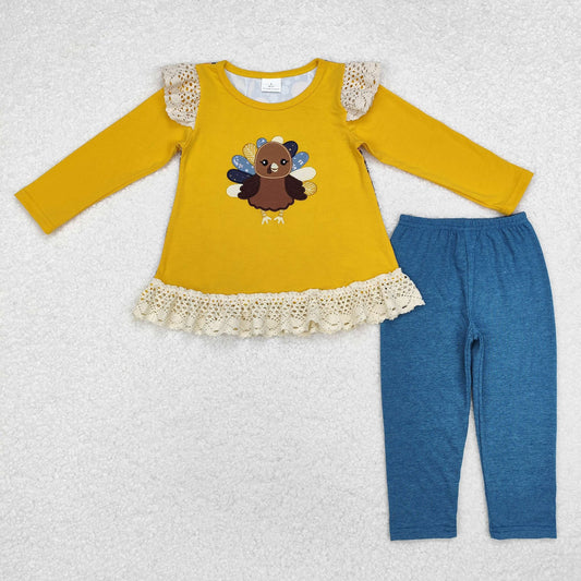Yellow Lace Turkey Floral Back Pants Set