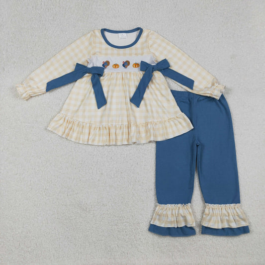 Embroidered Turkey Pumpkin Ruffle Pants Set