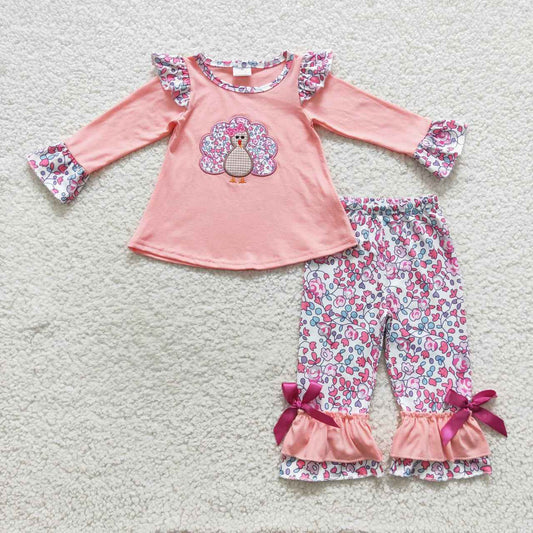 Pink Floral Turkey Ruffle Pants Set