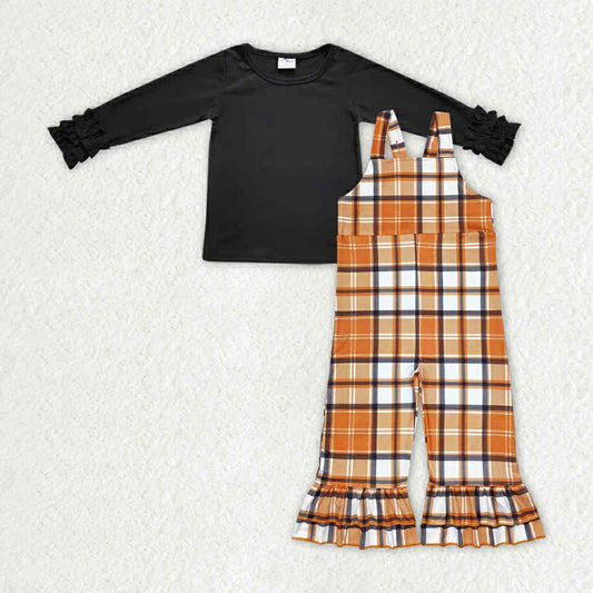 Orange Plaid Overalls with Black Ruffle Shirt