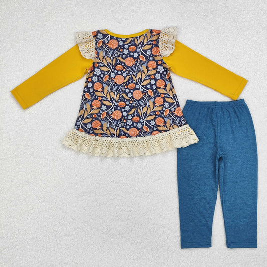 Yellow Lace Turkey Floral Back Pants Set