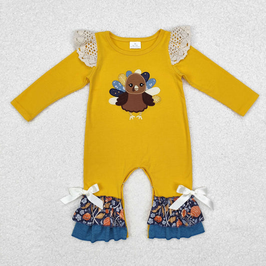 Yellow Lace and Floral Turkey Ruffle Romper