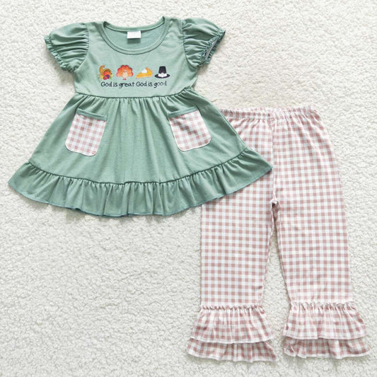 Girls God Is Great, God Is Good Ruffle Pants Set